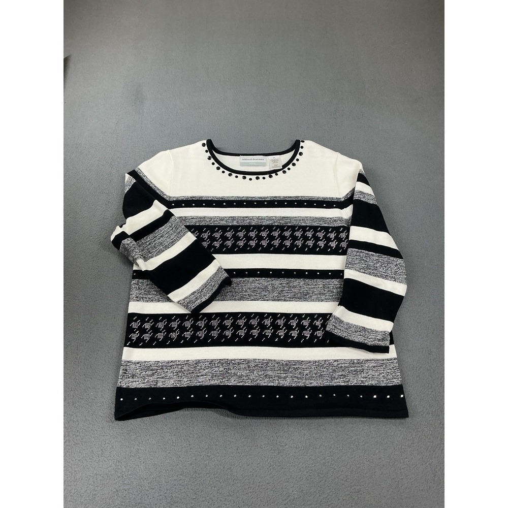 Alfred Dunner Sweater Womens PL Black Striped Cotton Rhinestone Houndstooth